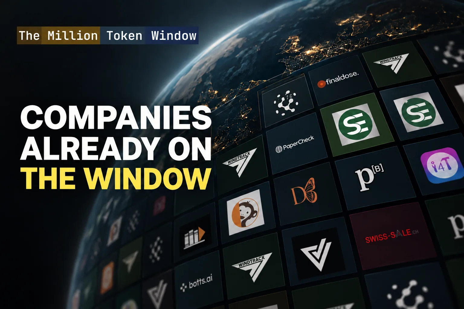 Companies already on the Window: logos of listed companies on tiles curving around a night-side globe.