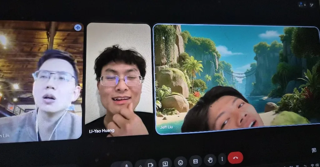 A laptop screen showing a video call with three participants, among them Li-Yao Huang and Jeff Liu.