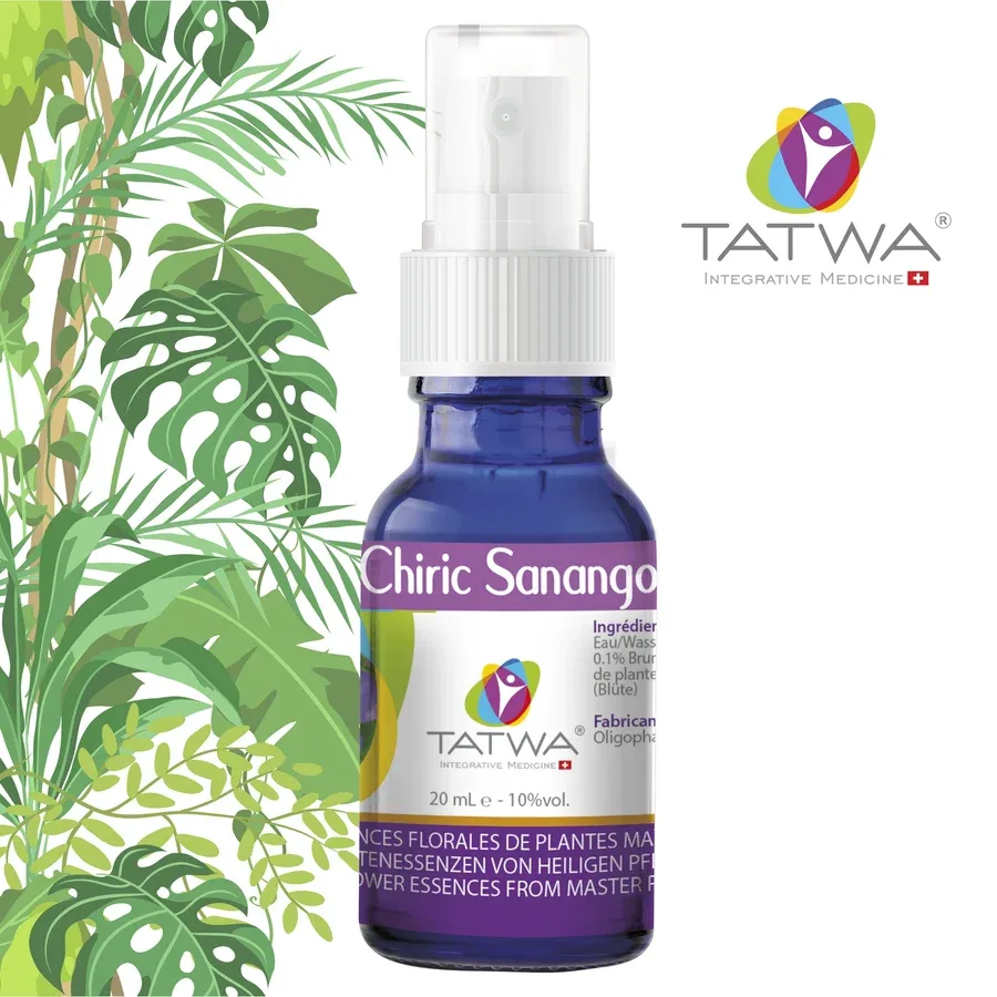 A bottle of Tatwa’s Chiric Sanango flower essence spray among tropical leaves, beside the Tatwa logo.